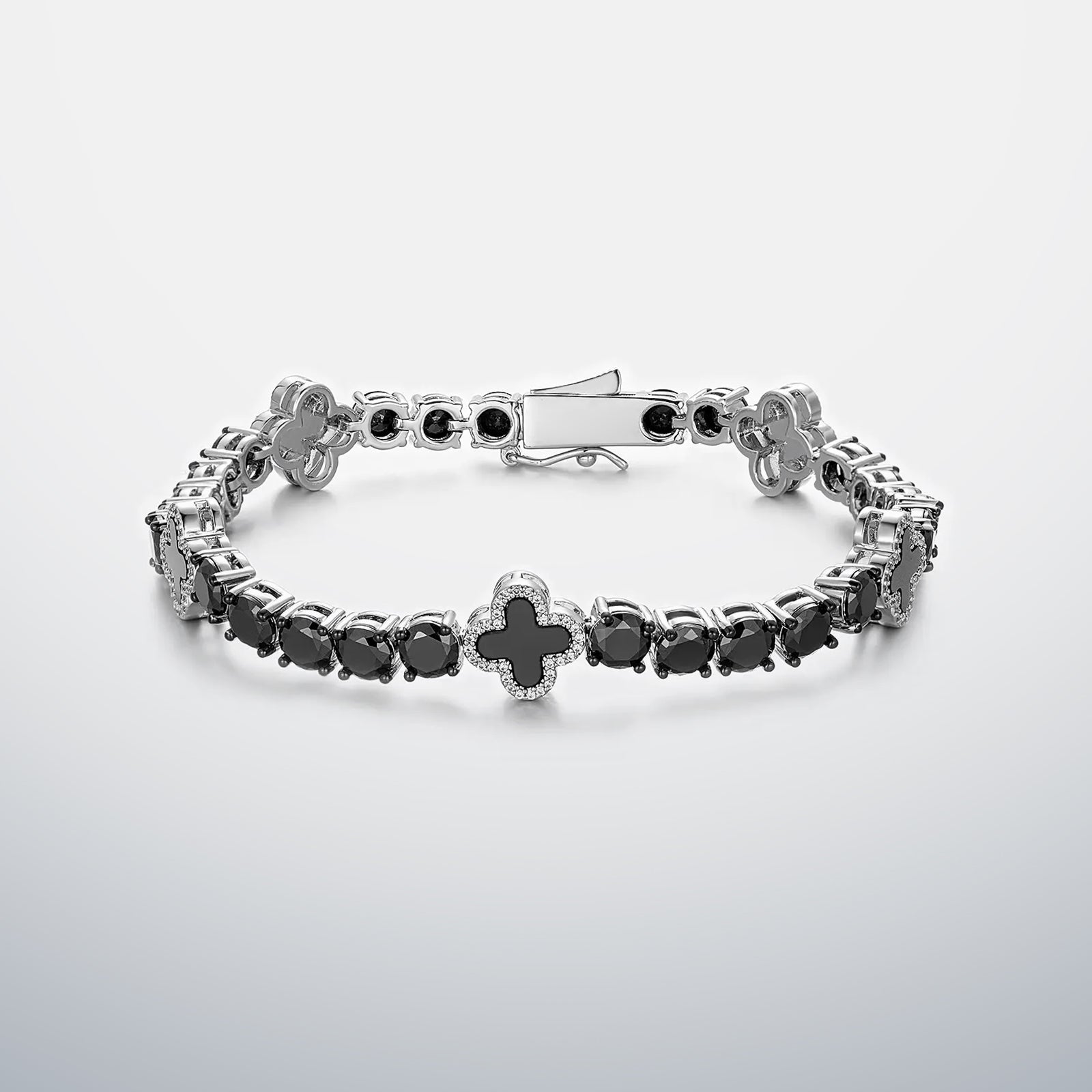 Black Moissanite & Black Agate Clover Tennis Bracelet