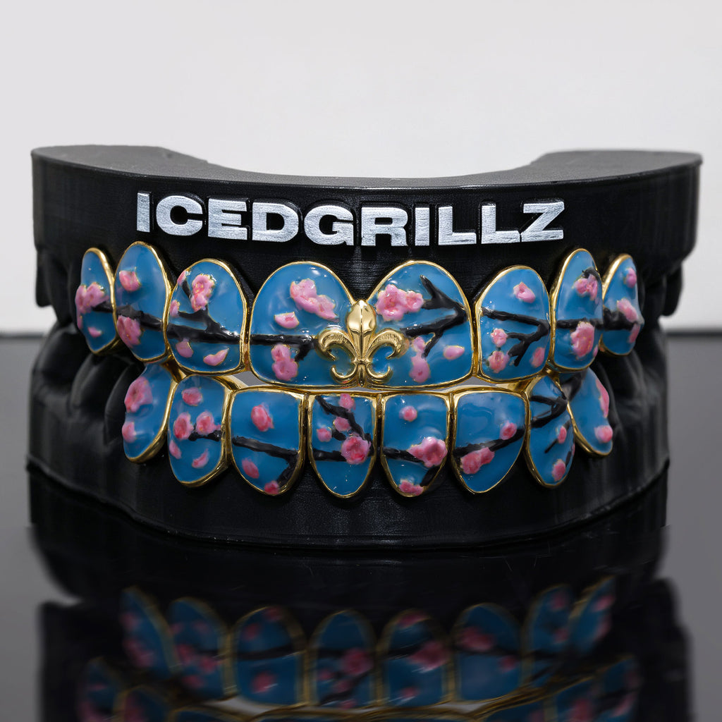 Blue Enamel Sakura & Fleur De Lis Grillz