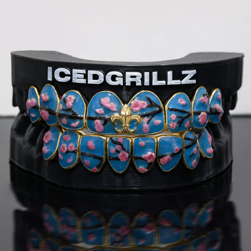 Blue Enamel Sakura & Fleur De Lis Grillz