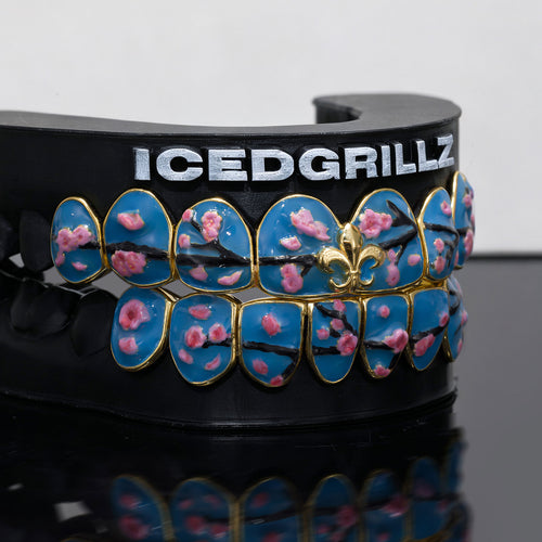 Blue Enamel Sakura & Fleur De Lis Grillz