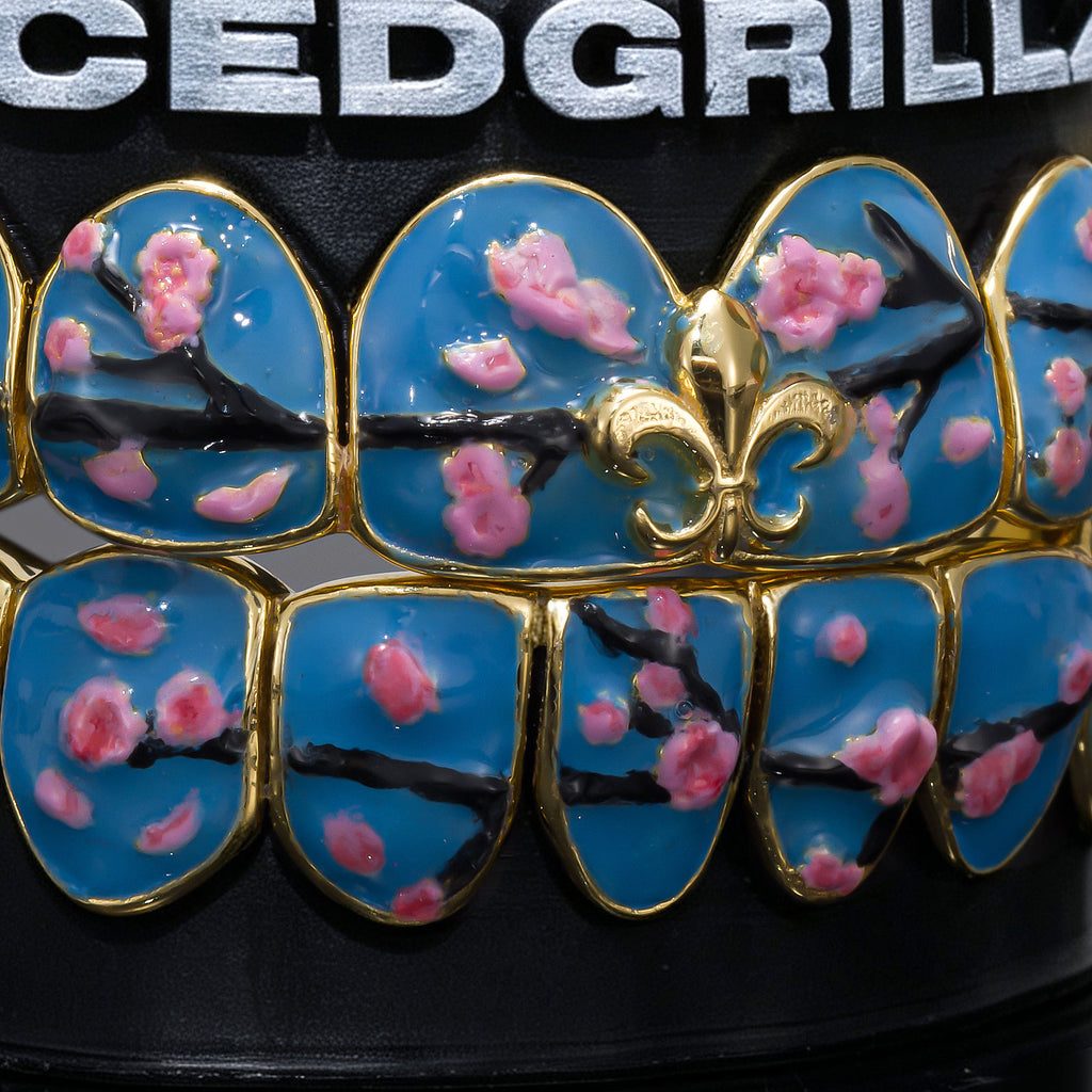 Blue Enamel Sakura & Fleur De Lis Grillz