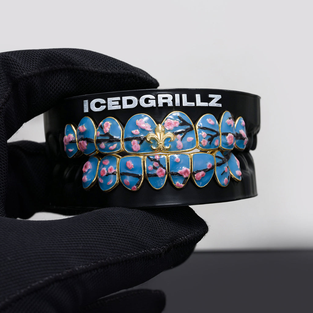 Blue Enamel Sakura & Fleur De Lis Grillz