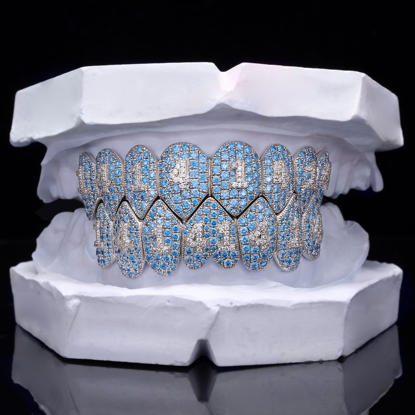Blue Topaz Fang Grillz with Diamond Number Inlay