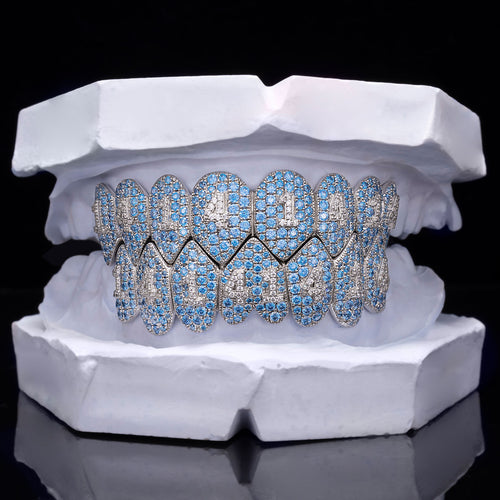Blue Topaz Fang Grillz with Diamond Number Inlay