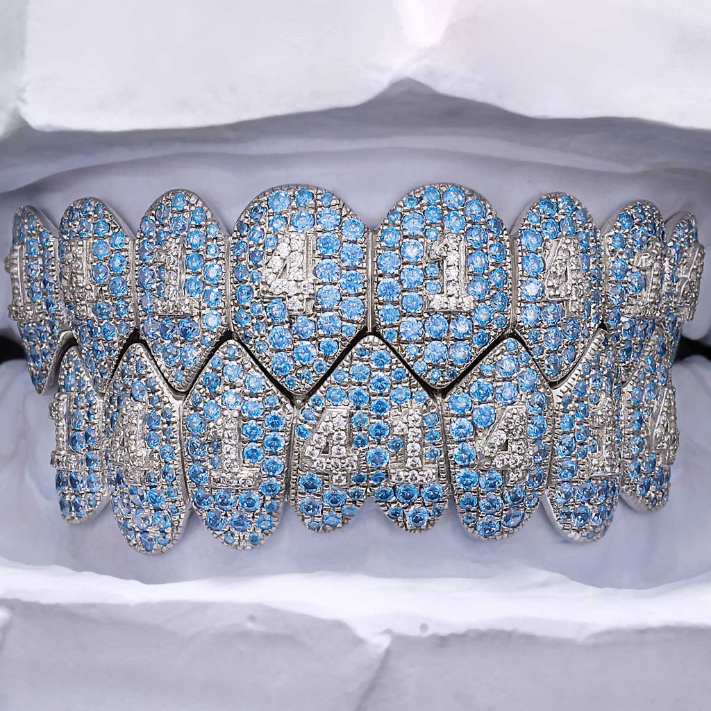 Blue Topaz Fang Grillz with Diamond Number Inlay