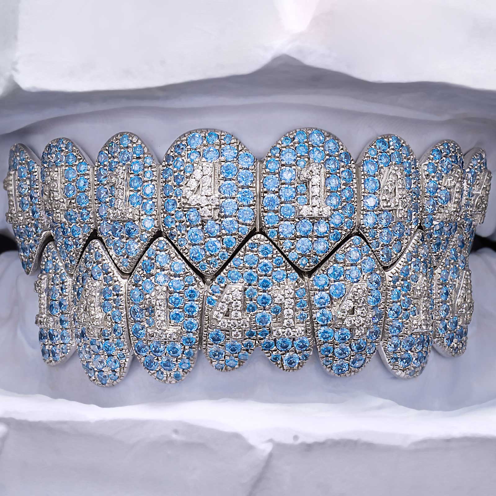 Blue Topaz Fang Grillz with Diamond Number Inlay