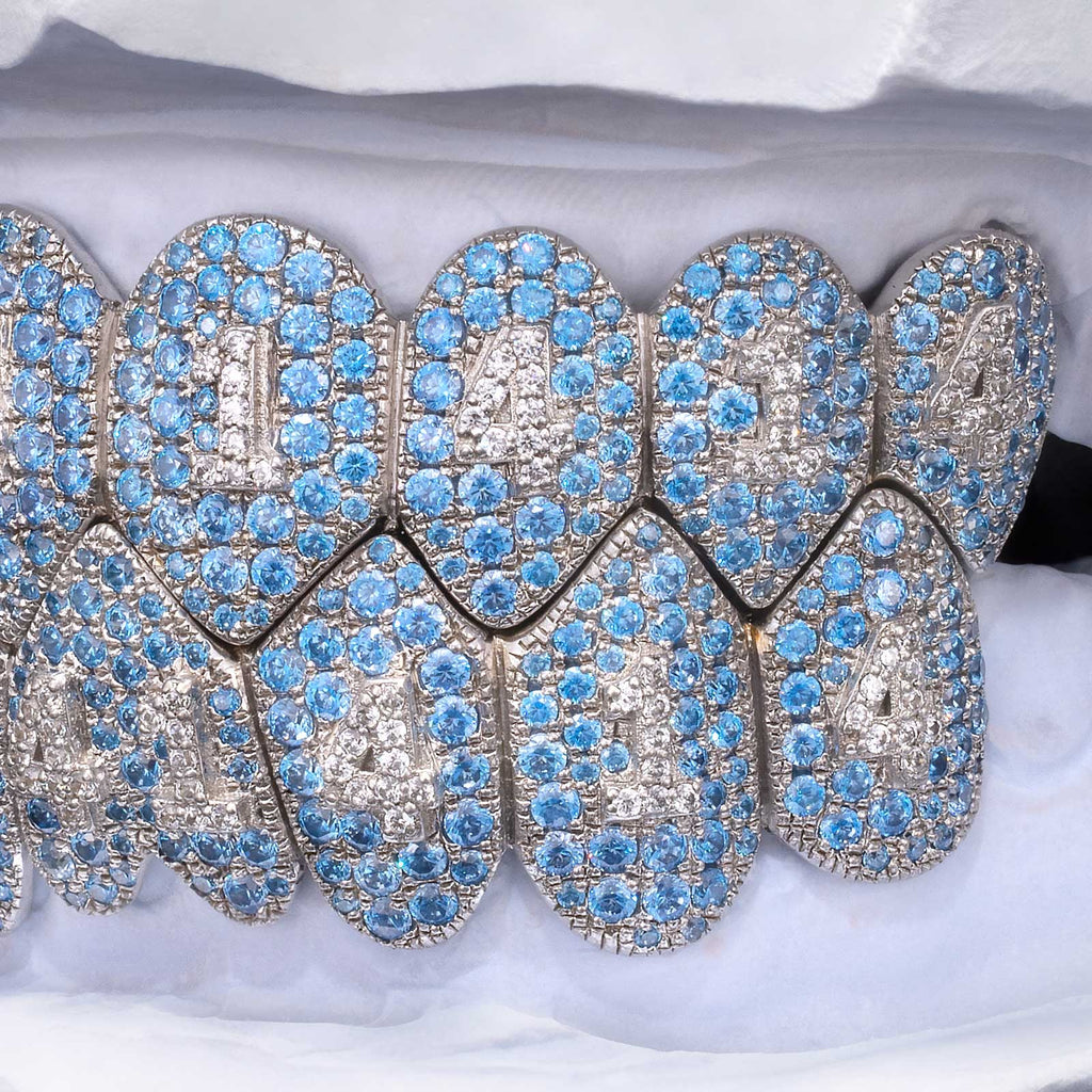 Blue Topaz Fang Grillz with Diamond Number Inlay
