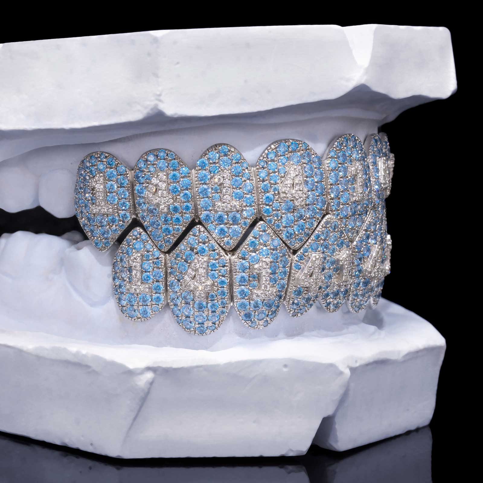 Blue Topaz Fang Grillz with Diamond Number Inlay
