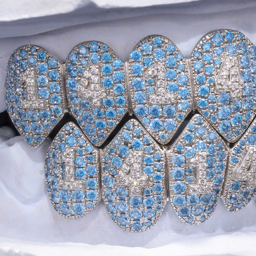 Blue Topaz Fang Grillz with Diamond Number Inlay