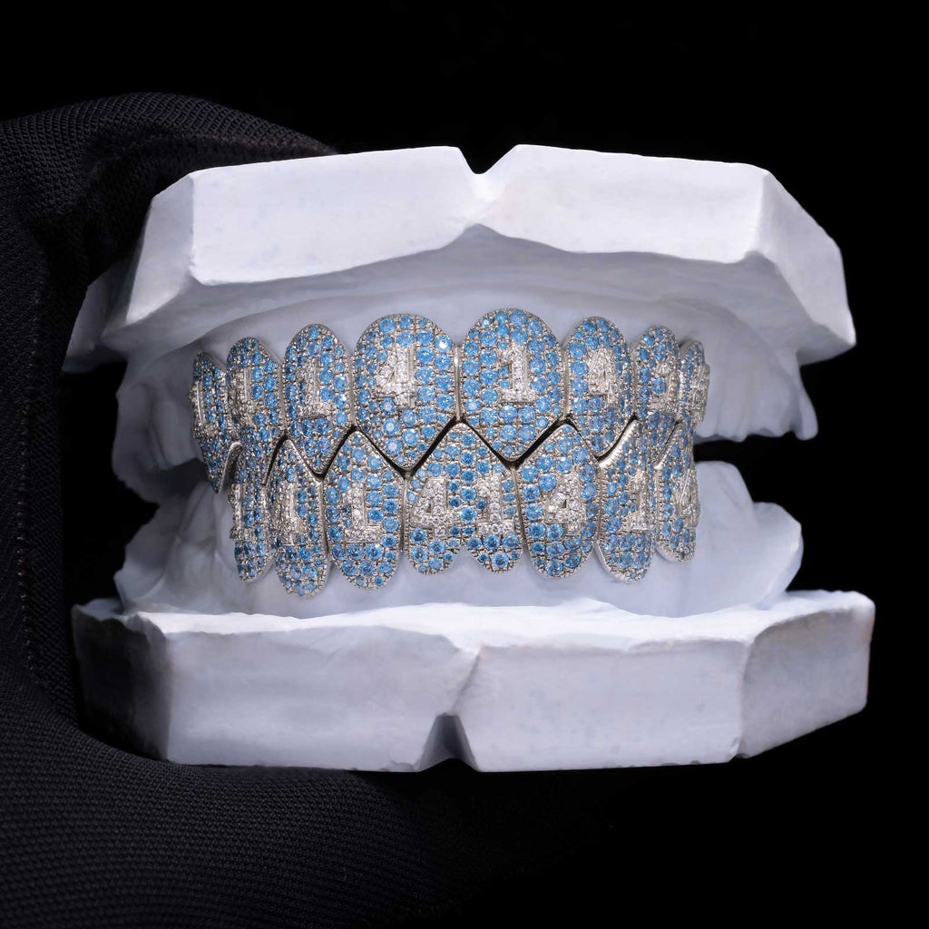 Blue Topaz Fang Grillz with Diamond Number Inlay