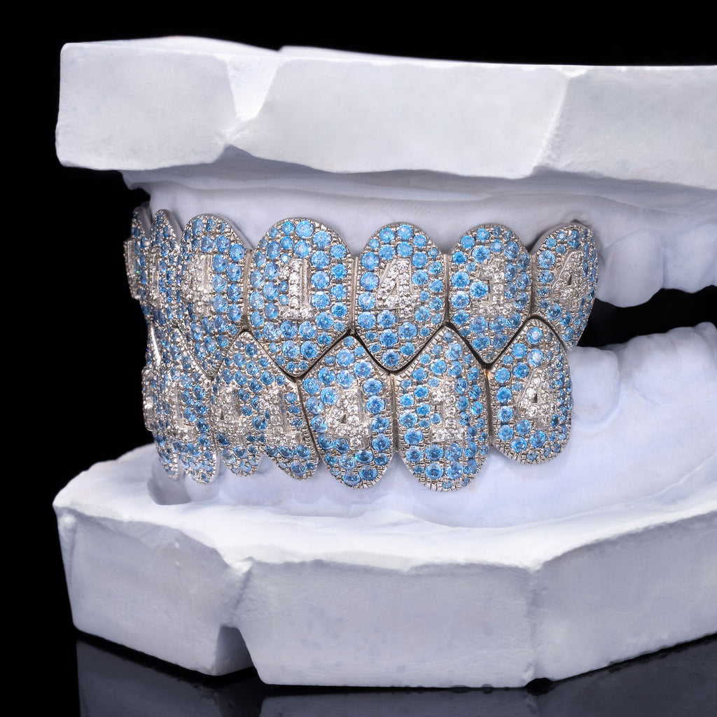 Blue Topaz Fang Grillz with Diamond Number Inlay