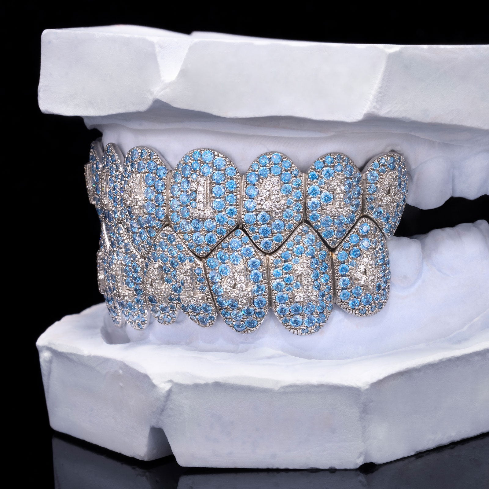 Blue Topaz Fang Grillz with Diamond Number Inlay