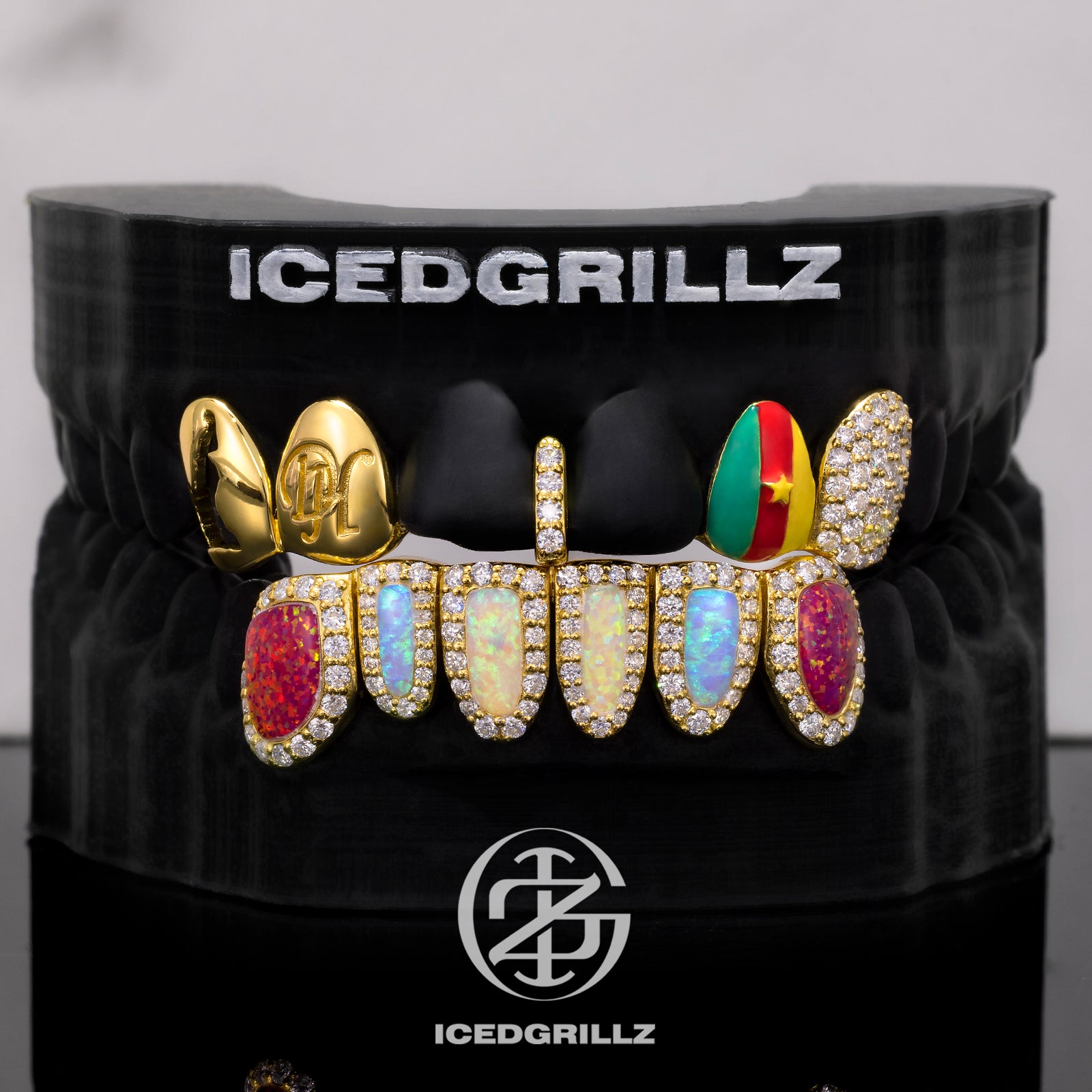 Cameroon Flag Enamel with Bottom Opal Halo Grillz