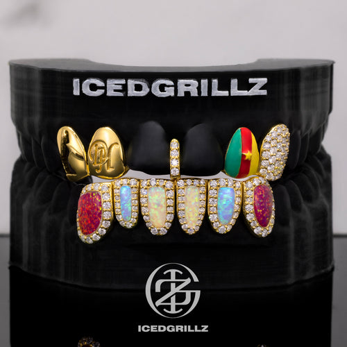 Cameroon Flag Enamel with Bottom Opal Halo Grillz