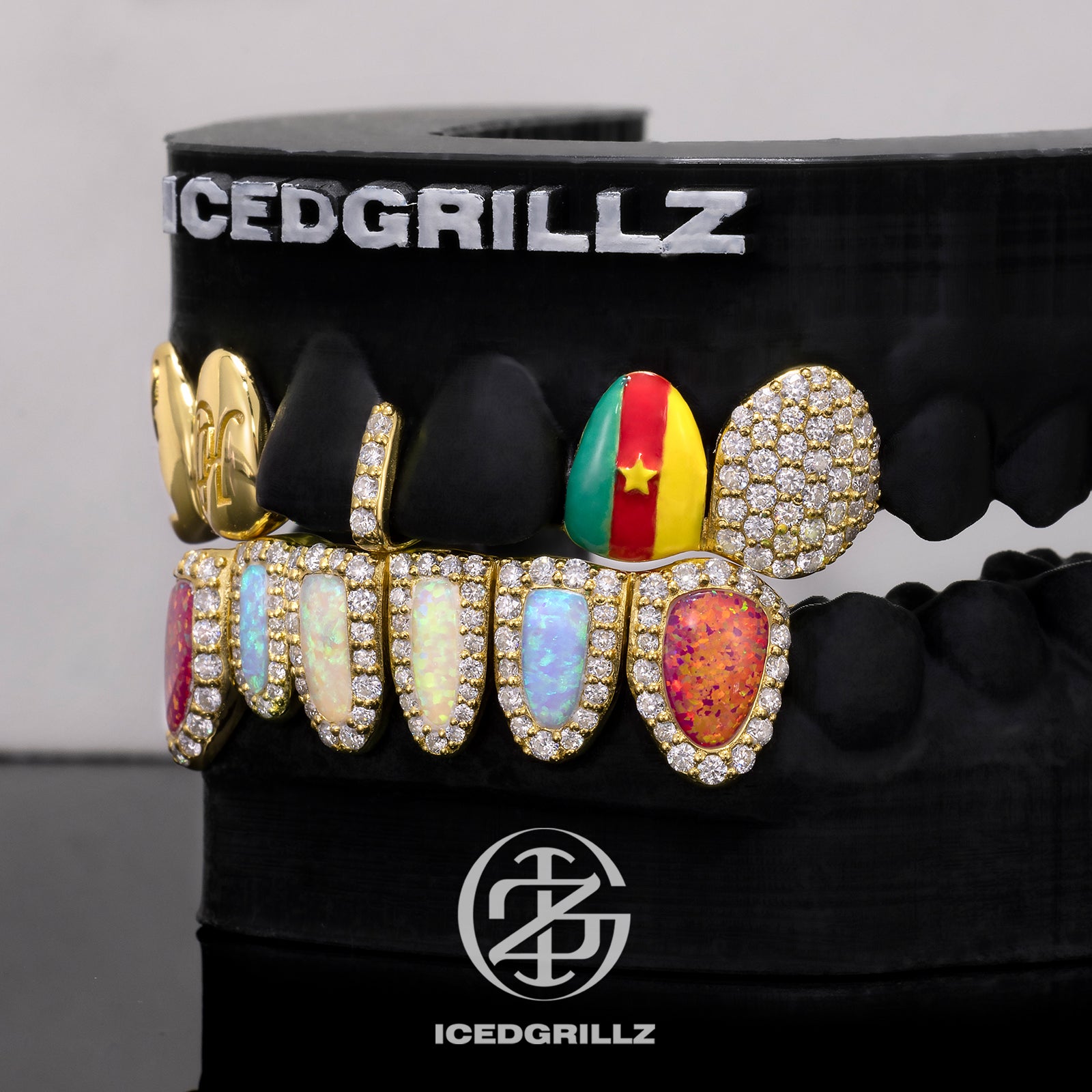 Cameroon Flag Enamel with Bottom Opal Halo Grillz
