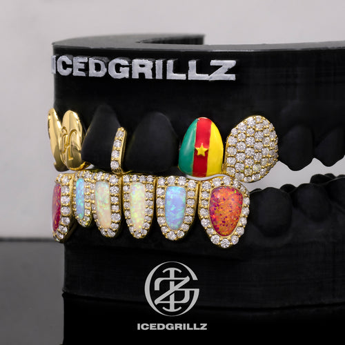 Cameroon Flag Enamel with Bottom Opal Halo Grillz