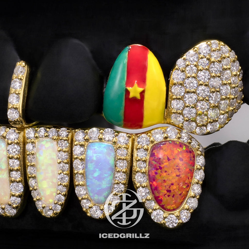Cameroon Flag Enamel with Bottom Opal Halo Grillz