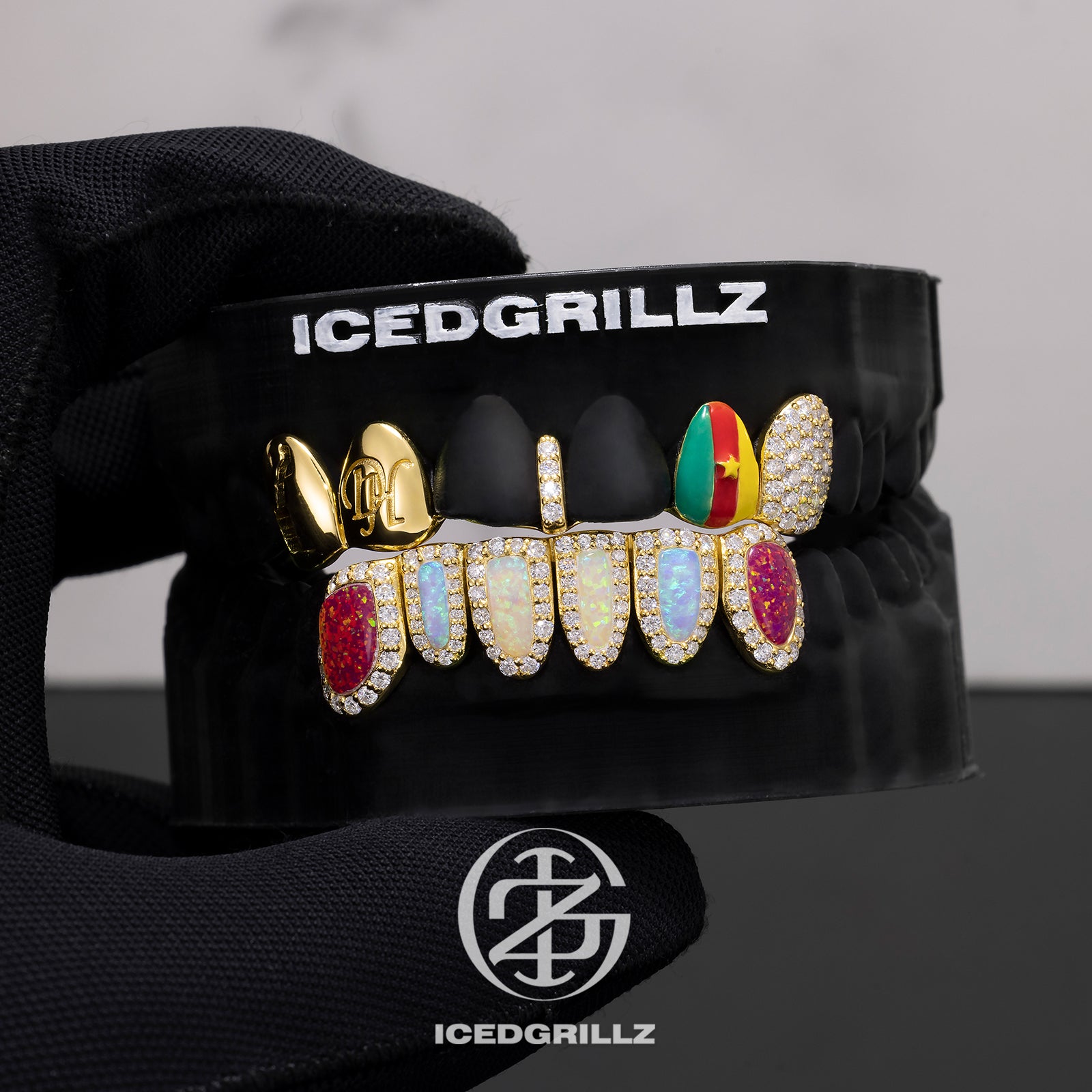Cameroon Flag Enamel with Bottom Opal Halo Grillz