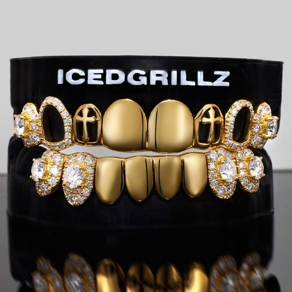 Cluster Iced & Gothic Cross Polished Gold Grillz