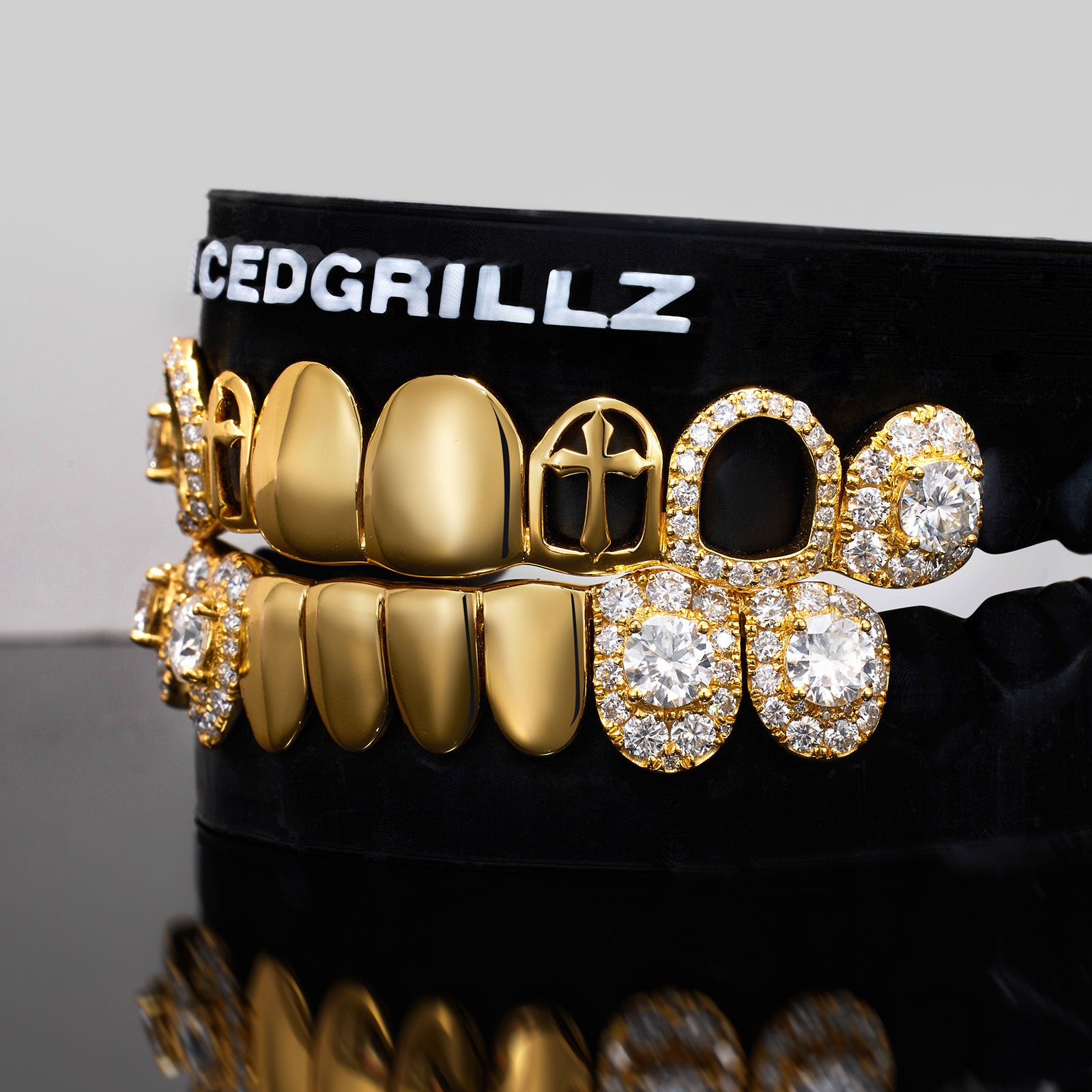 Cluster Iced & Gothic Cross Polished Gold Grillz