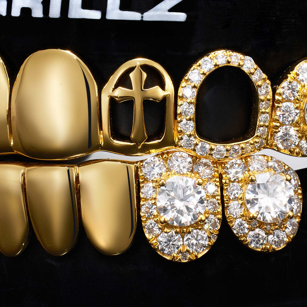 Cluster Iced & Gothic Cross Polished Gold Grillz