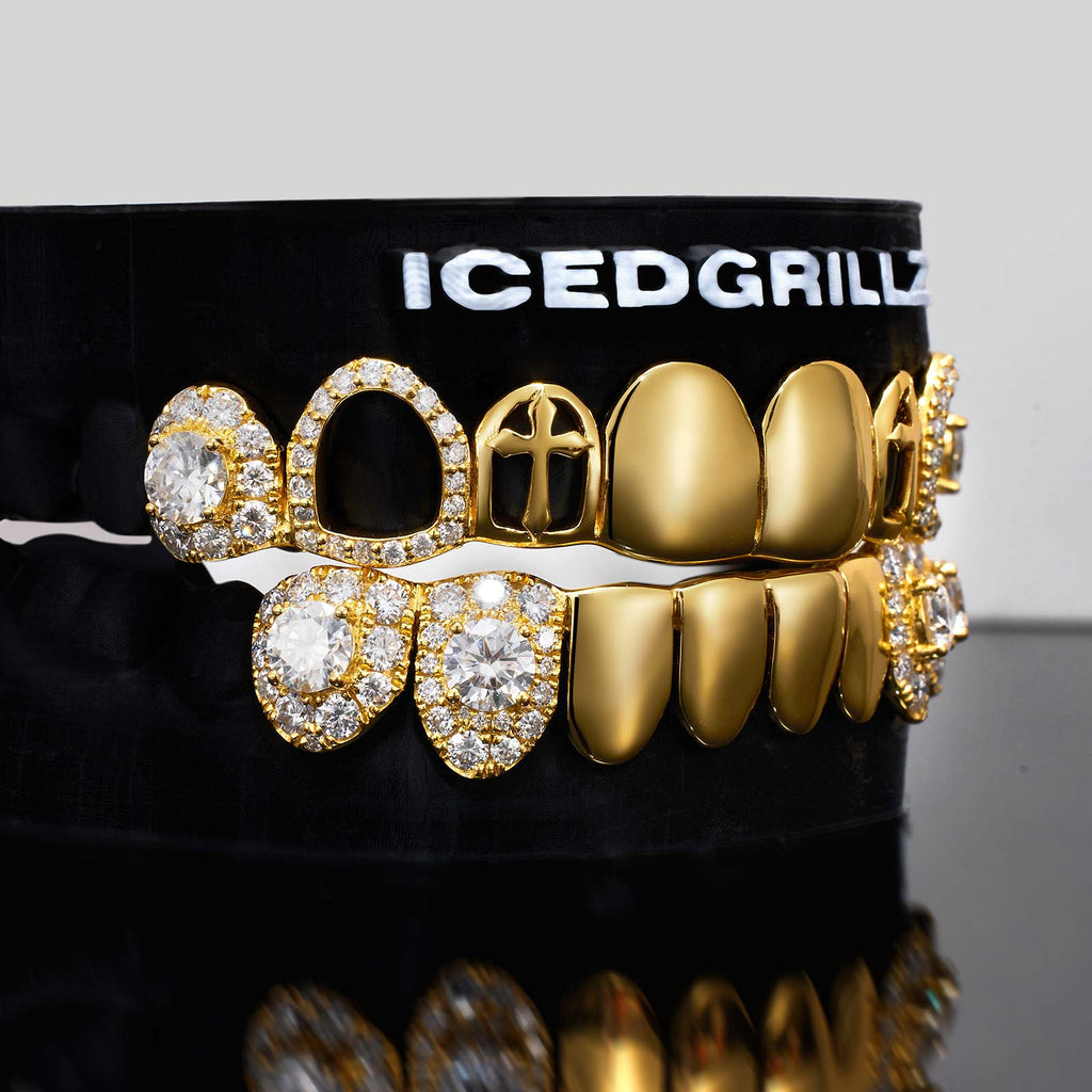 Cluster Iced & Gothic Cross Polished Gold Grillz