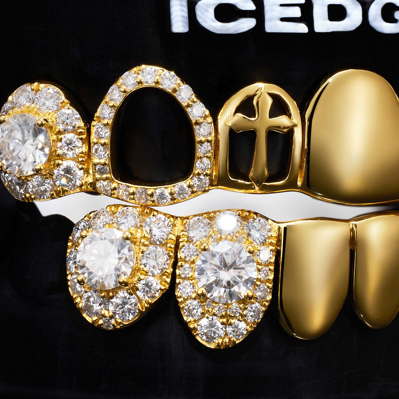 Cluster Iced & Gothic Cross Polished Gold Grillz