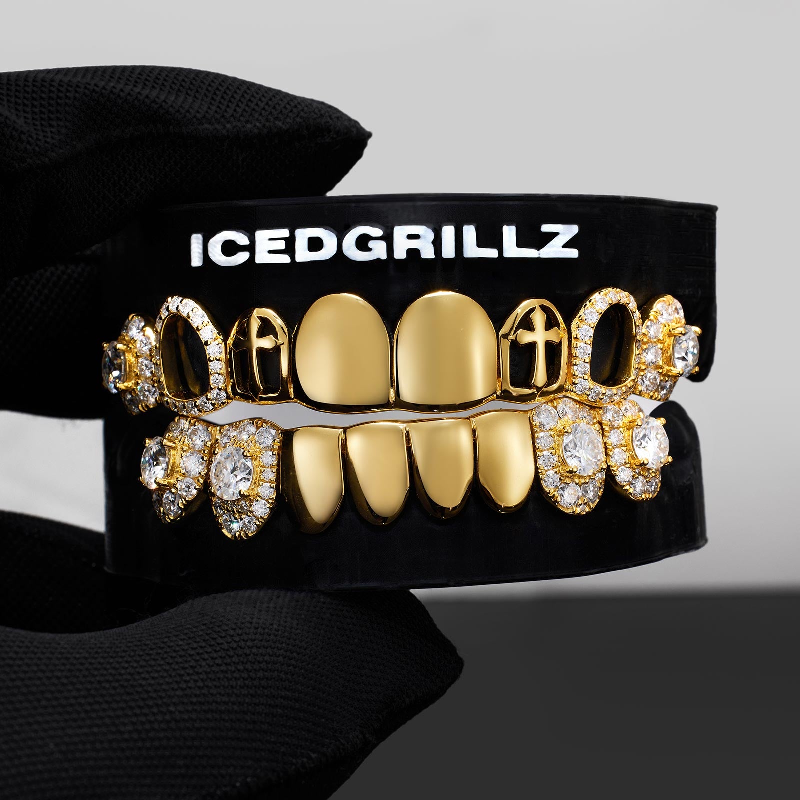 Cluster Iced & Gothic Cross Polished Gold Grillz