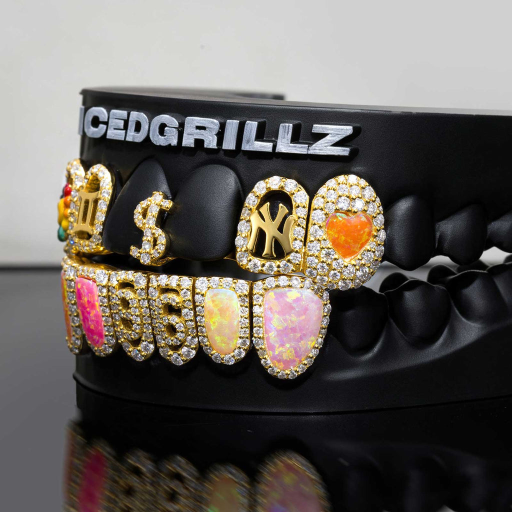 Custom Number & Dollar Sign Rainbow Opal Iced Grillz