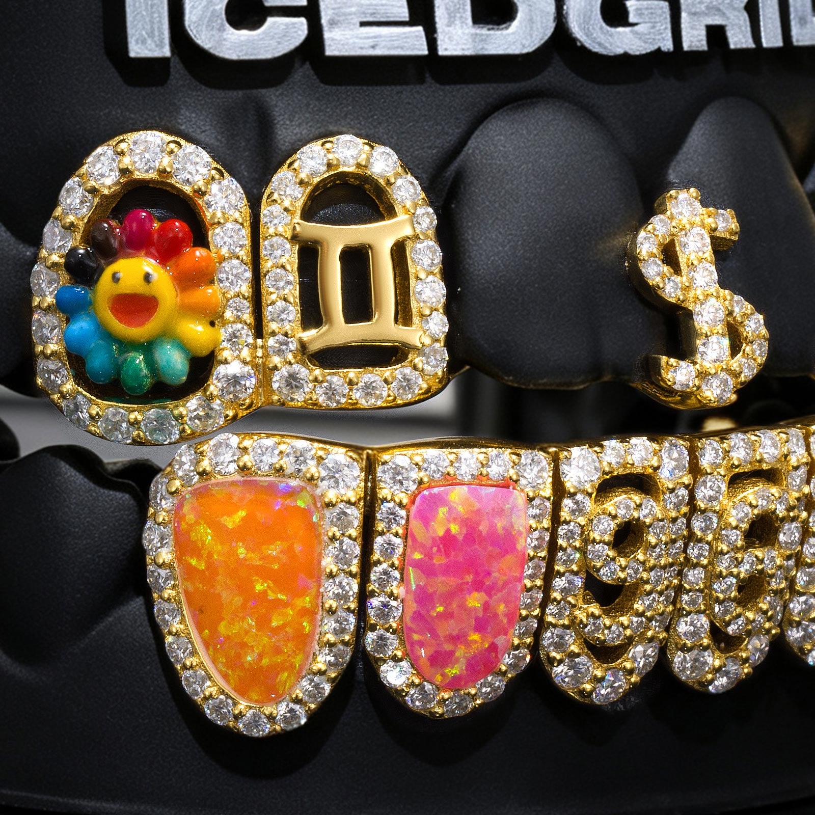 Custom Number & Dollar Sign Rainbow Opal Iced Grillz