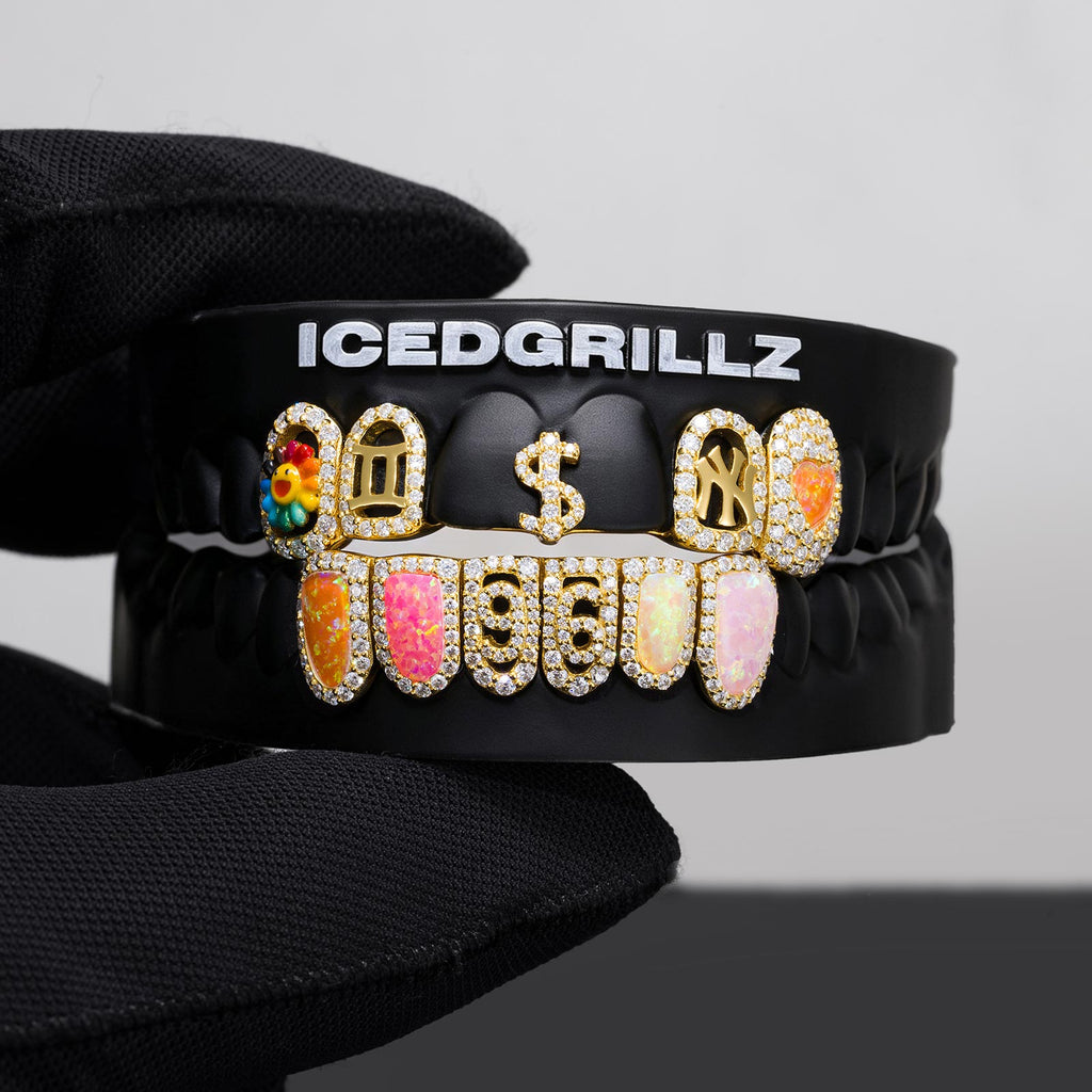 Custom Number & Dollar Sign Rainbow Opal Iced Grillz