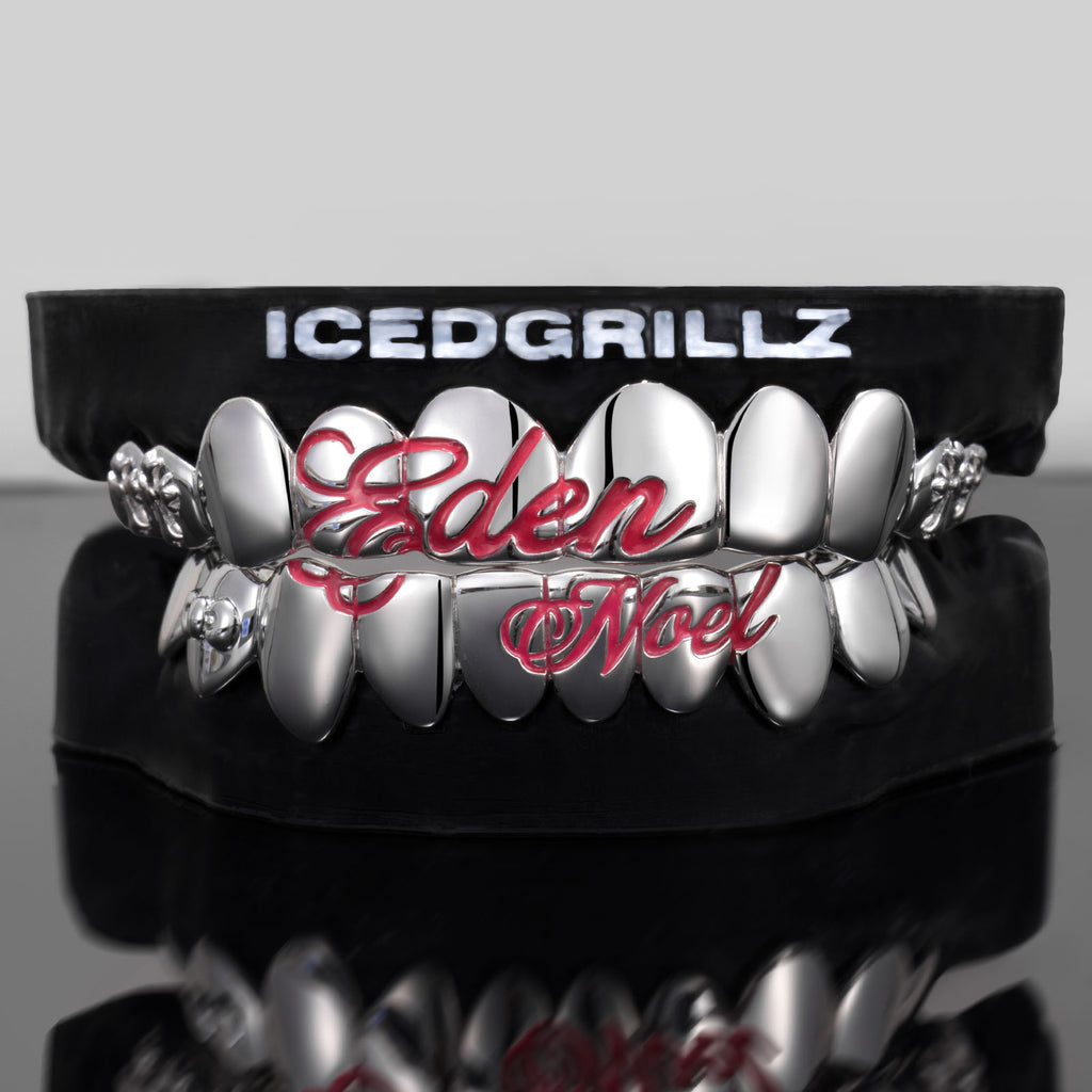 Custom Pink Script Cross Bow Polished Gold Grillz
