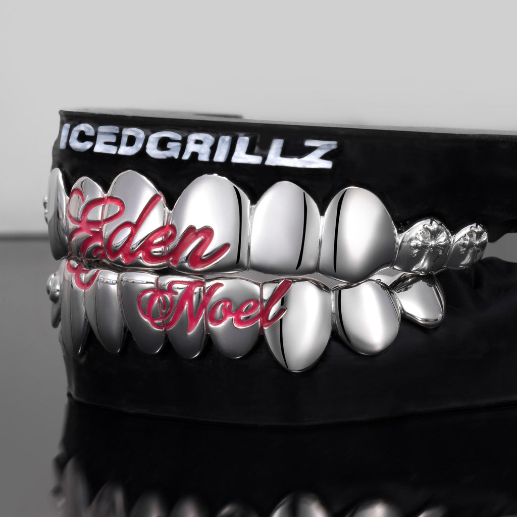 Custom Pink Script Cross Bow Polished Gold Grillz