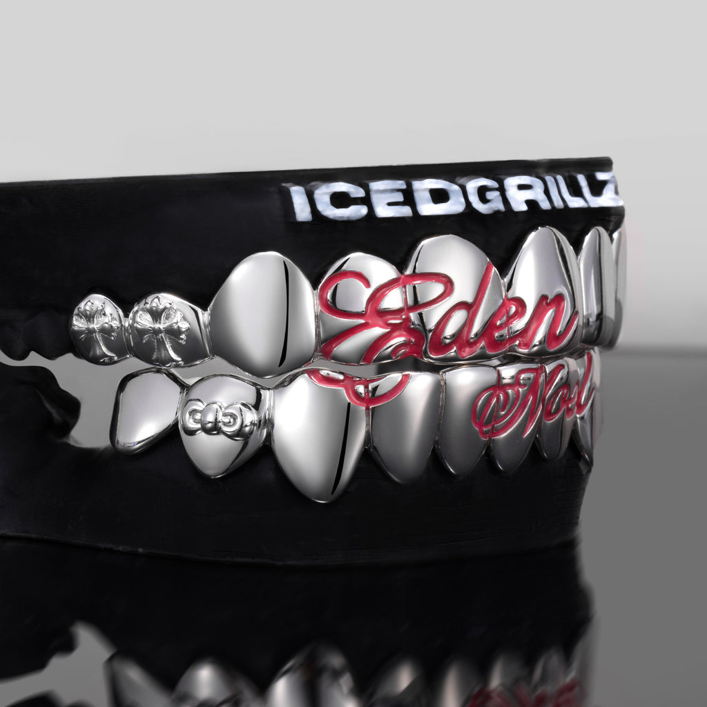 Custom Pink Script Cross Bow Polished Gold Grillz