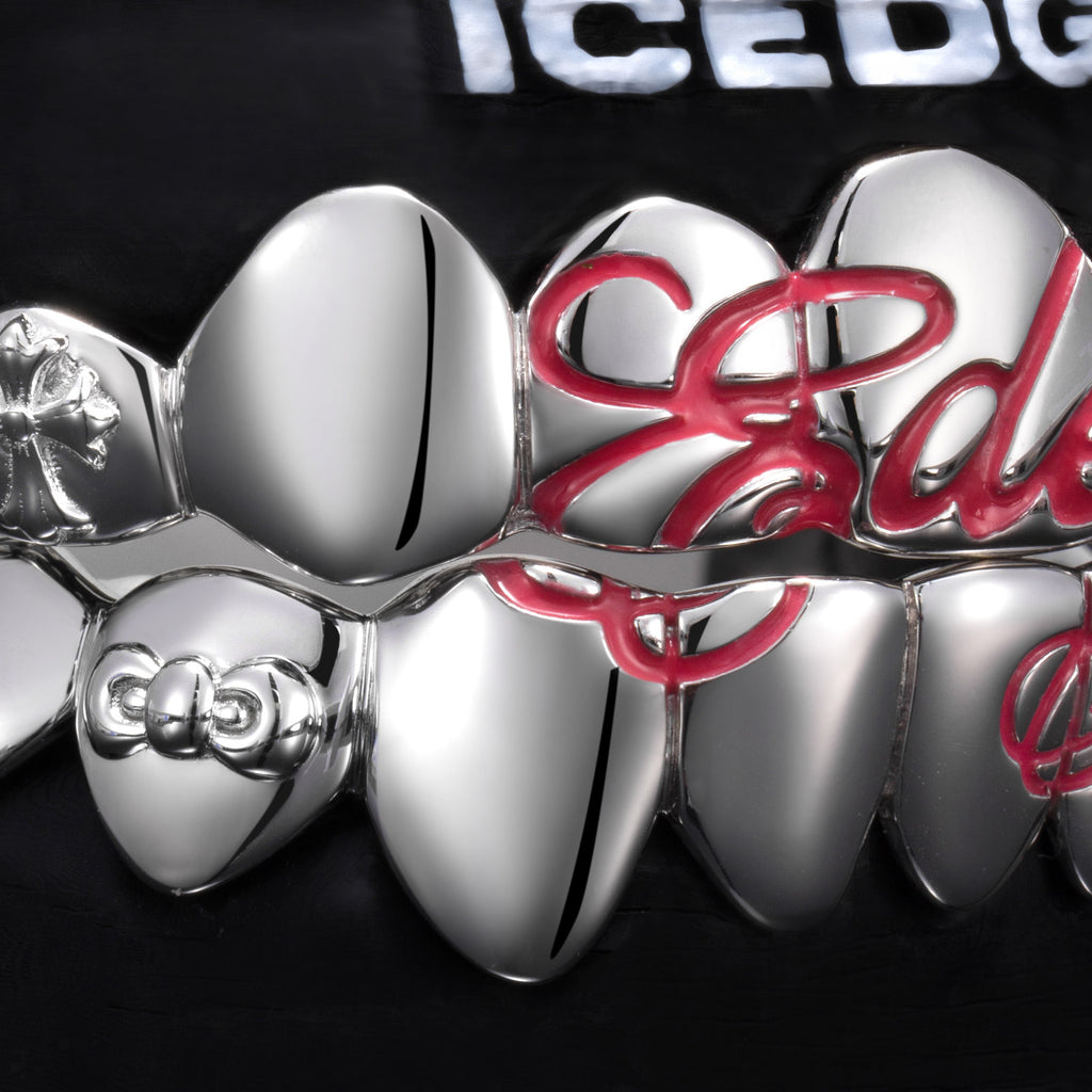 Custom Pink Script Cross Bow Polished Gold Grillz