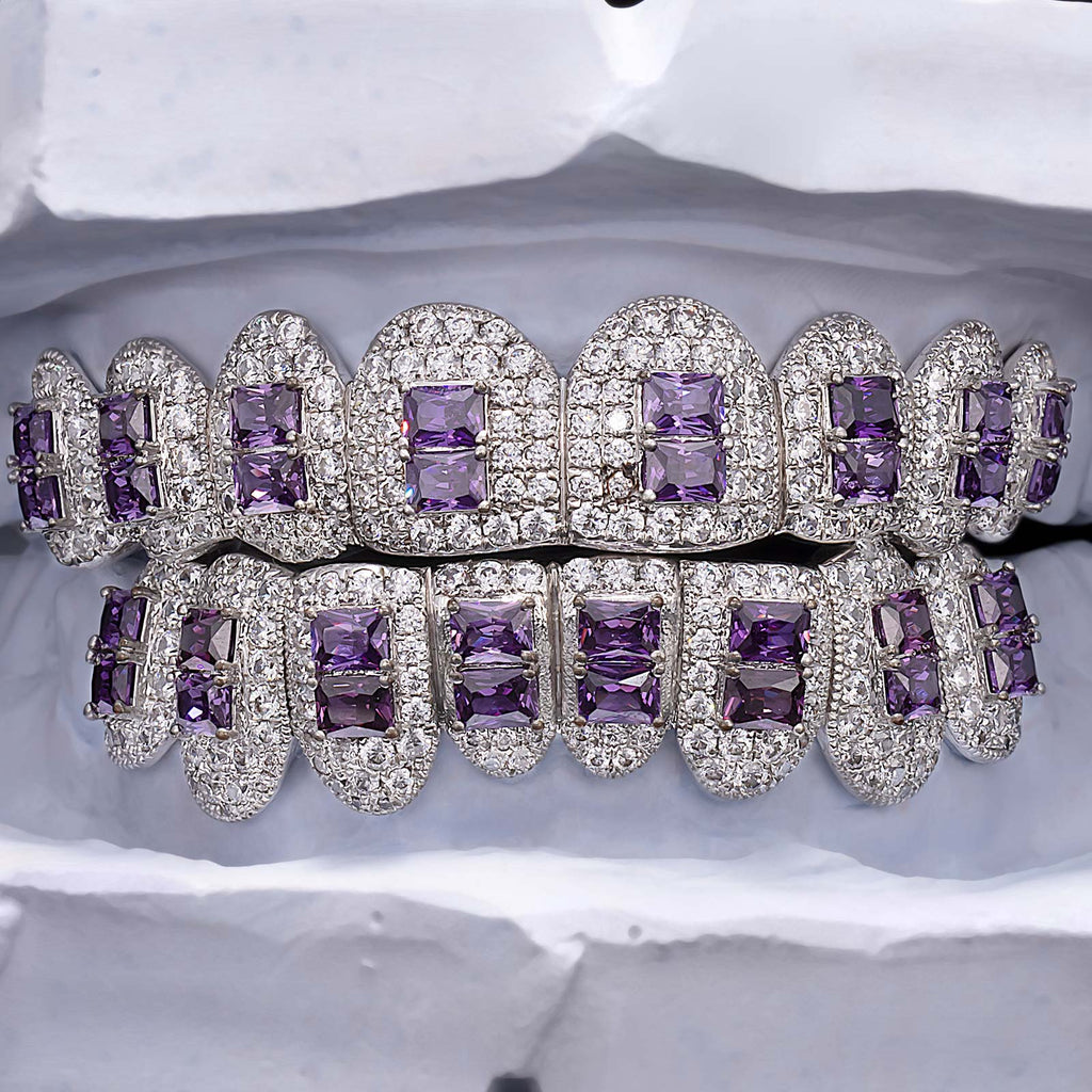 Custom Royal Purple Radiant Cut Sapphire & Diamond Grillz