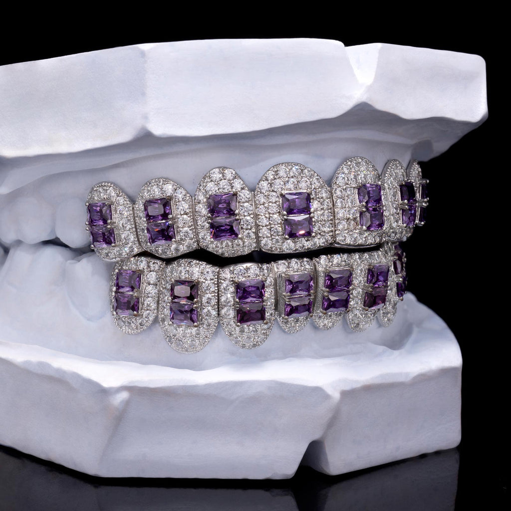 Custom Royal Purple Radiant Cut Sapphire & Diamond Grillz