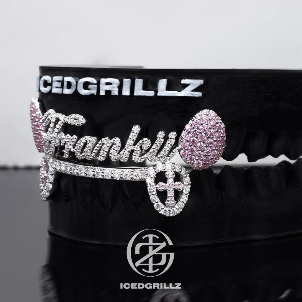 Custom Script Nameplate Pink Gem Cross Grillz