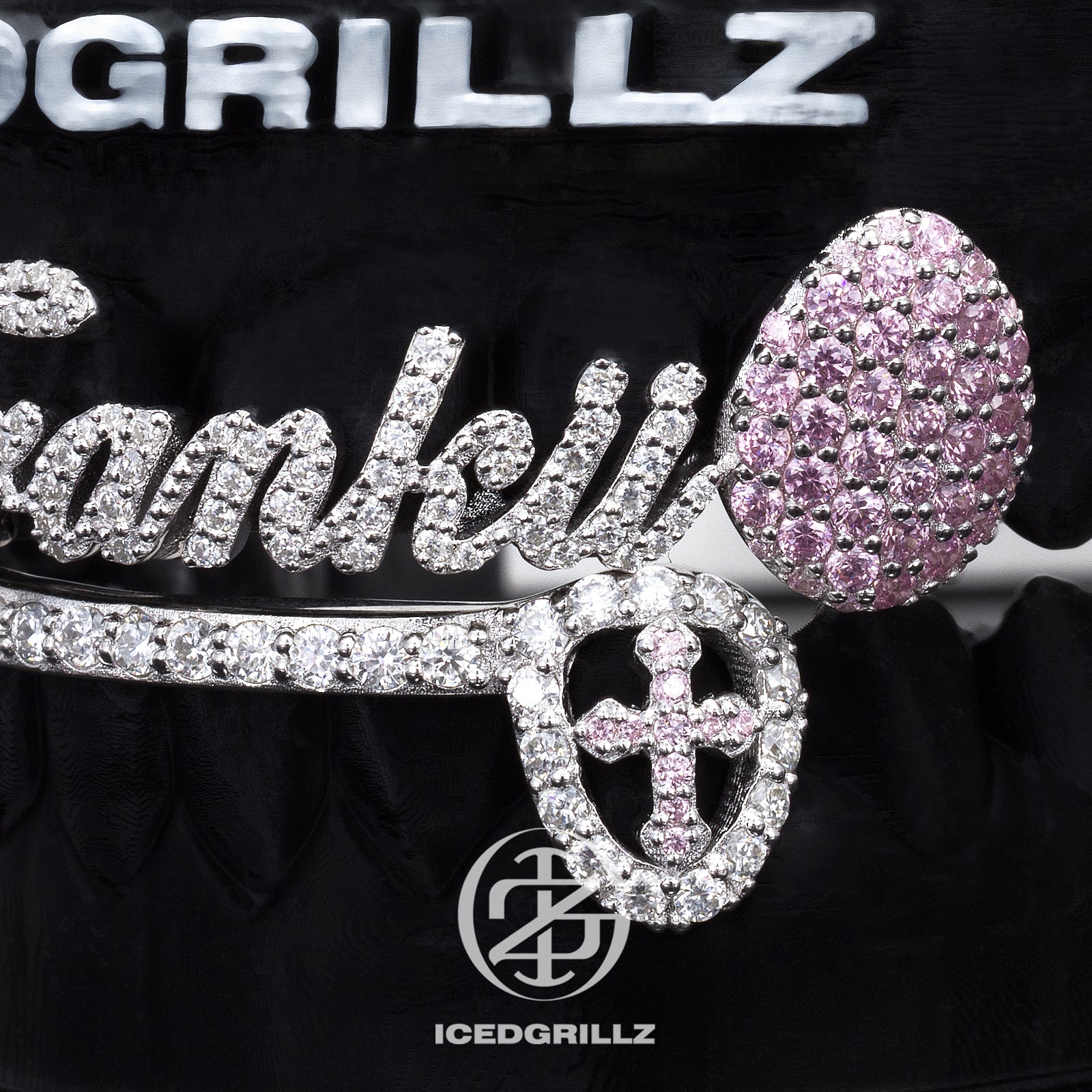 Custom Script Nameplate Pink Gem Cross Grillz