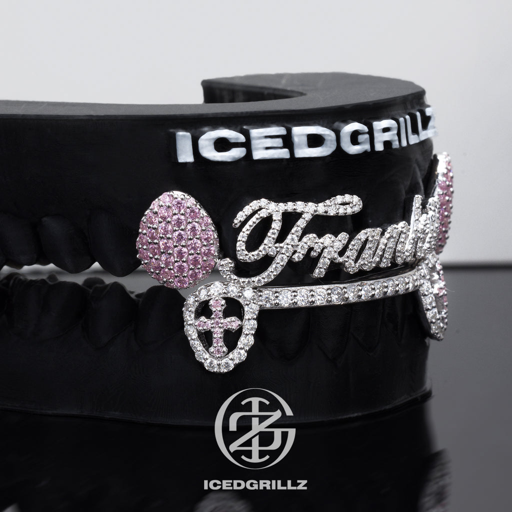 Custom Script Nameplate Pink Gem Cross Grillz