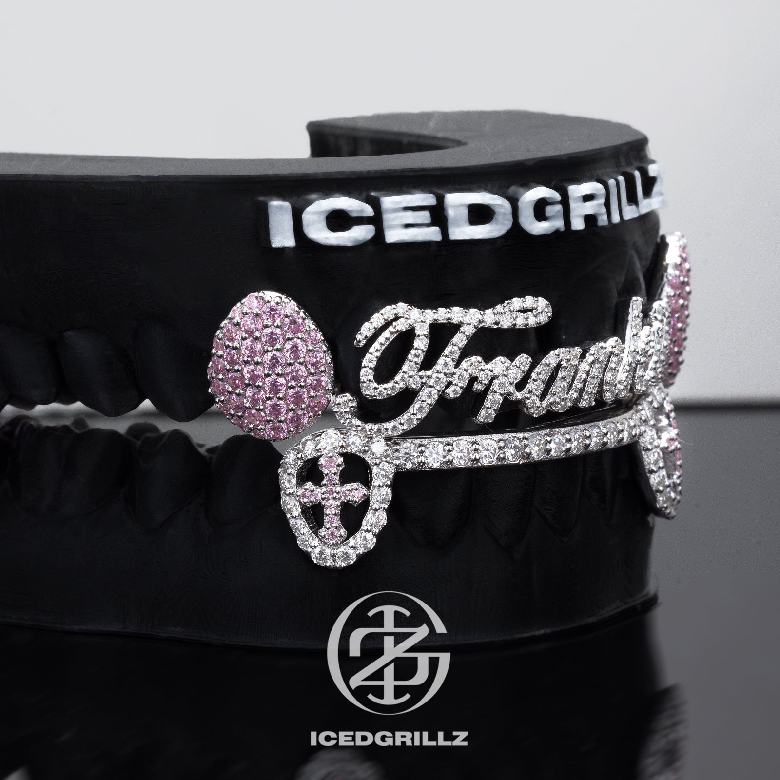 Custom Script Nameplate Pink Gem Cross Grillz