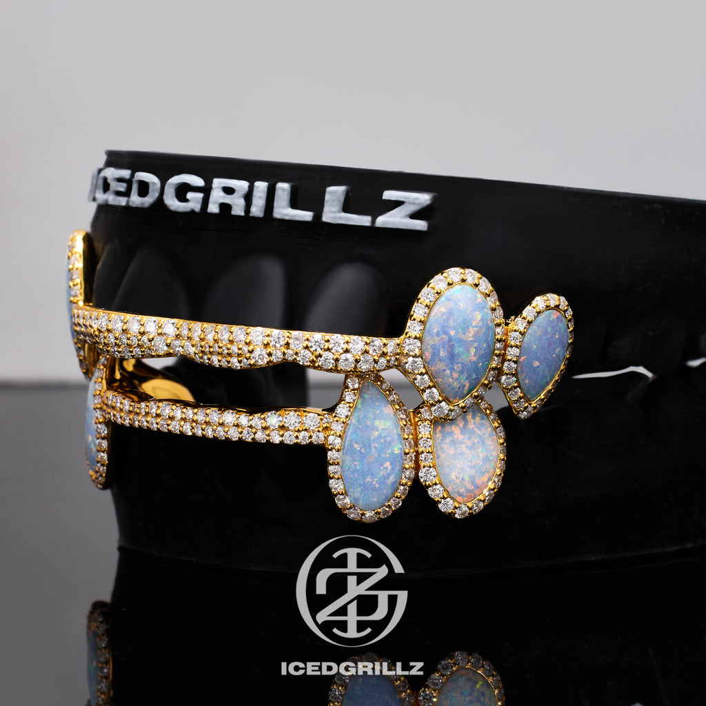 Double Opal Halo Drops Iced Connecting Bar Grillz