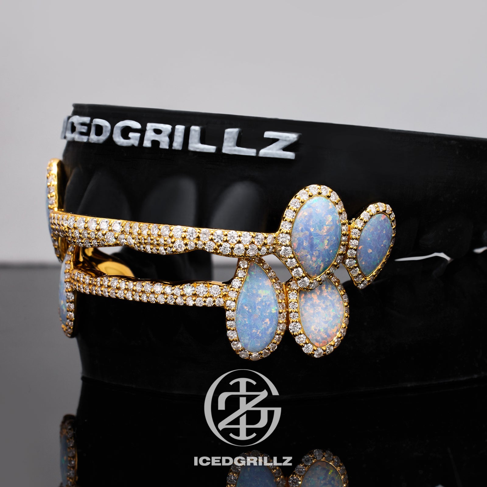 Double Opal Halo Drops Iced Connecting Bar Grillz