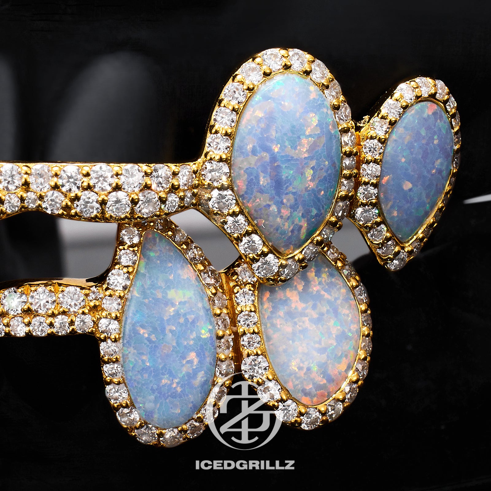 Double Opal Halo Drops Iced Connecting Bar Grillz