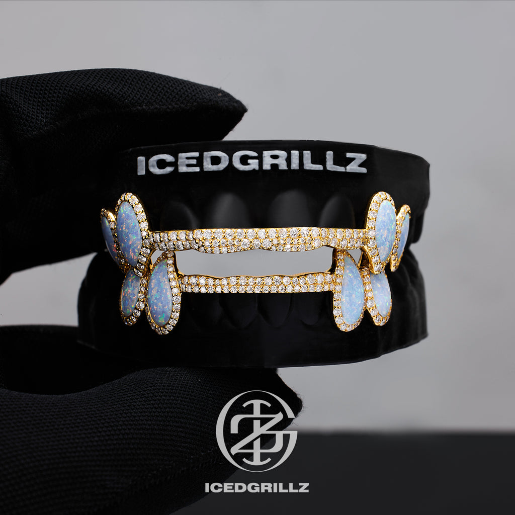 Double Opal Halo Drops Iced Connecting Bar Grillz