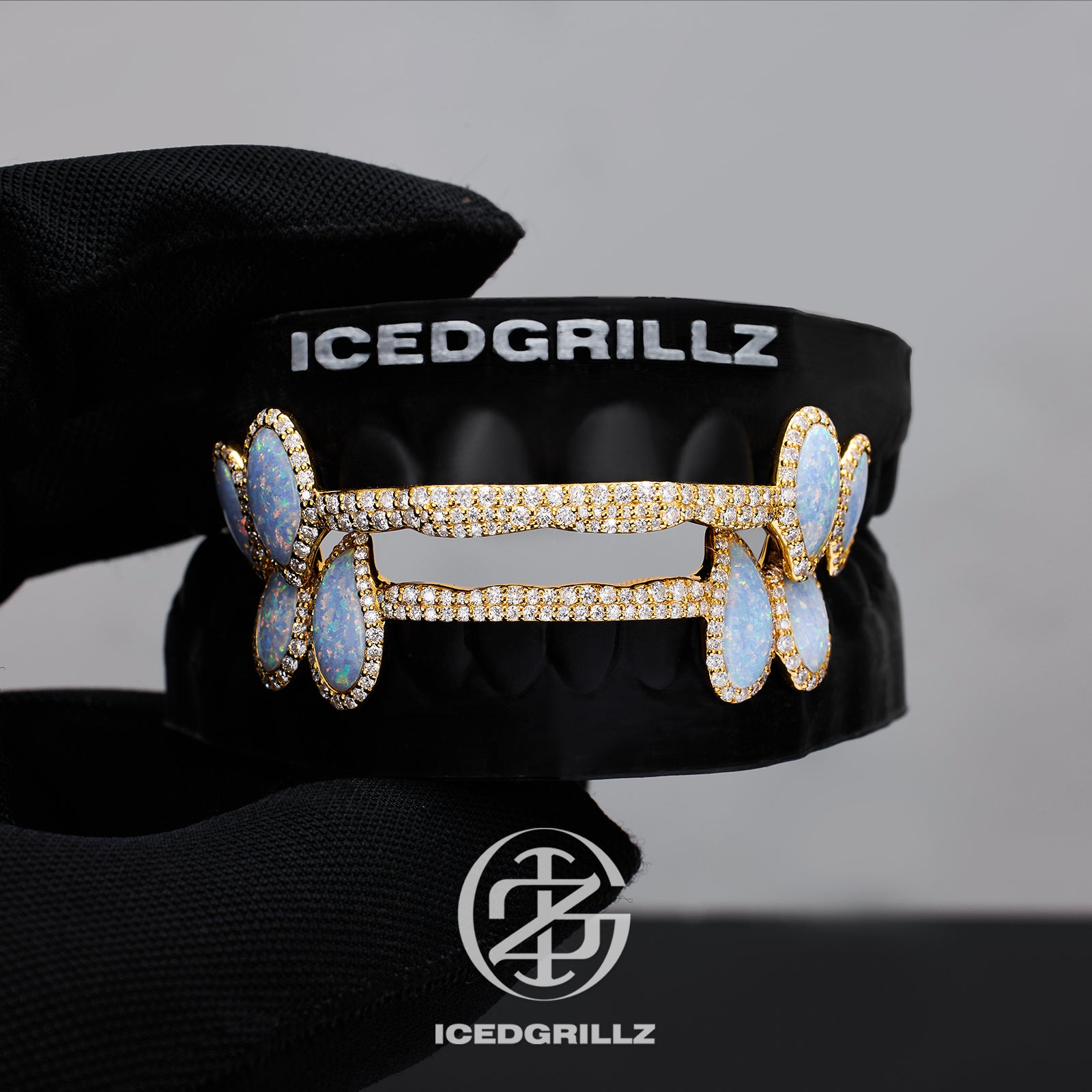 Double Opal Halo Drops Iced Connecting Bar Grillz