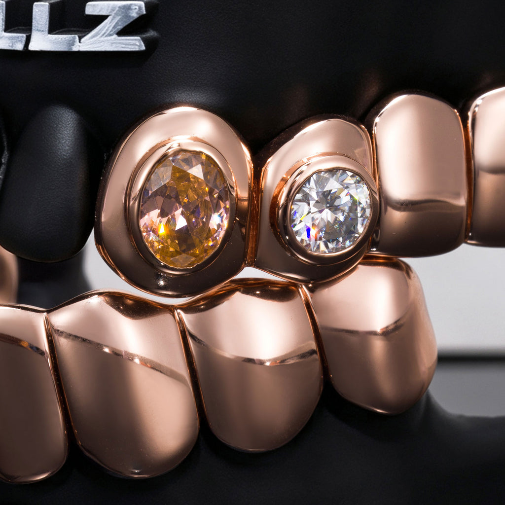 Dual Bezel Oval Gem & Round Moissanite Solid Grillz