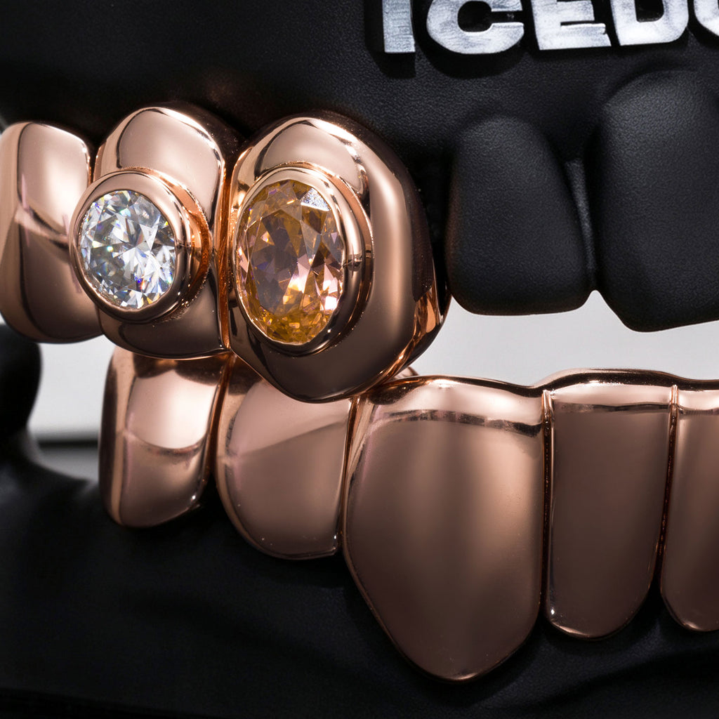 Dual Bezel Oval Gem & Round Moissanite Solid Grillz