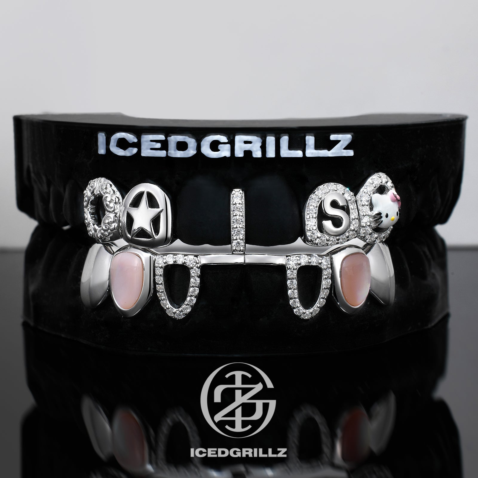 Enamel Kitty & Pink Shell Custom Initial Grillz