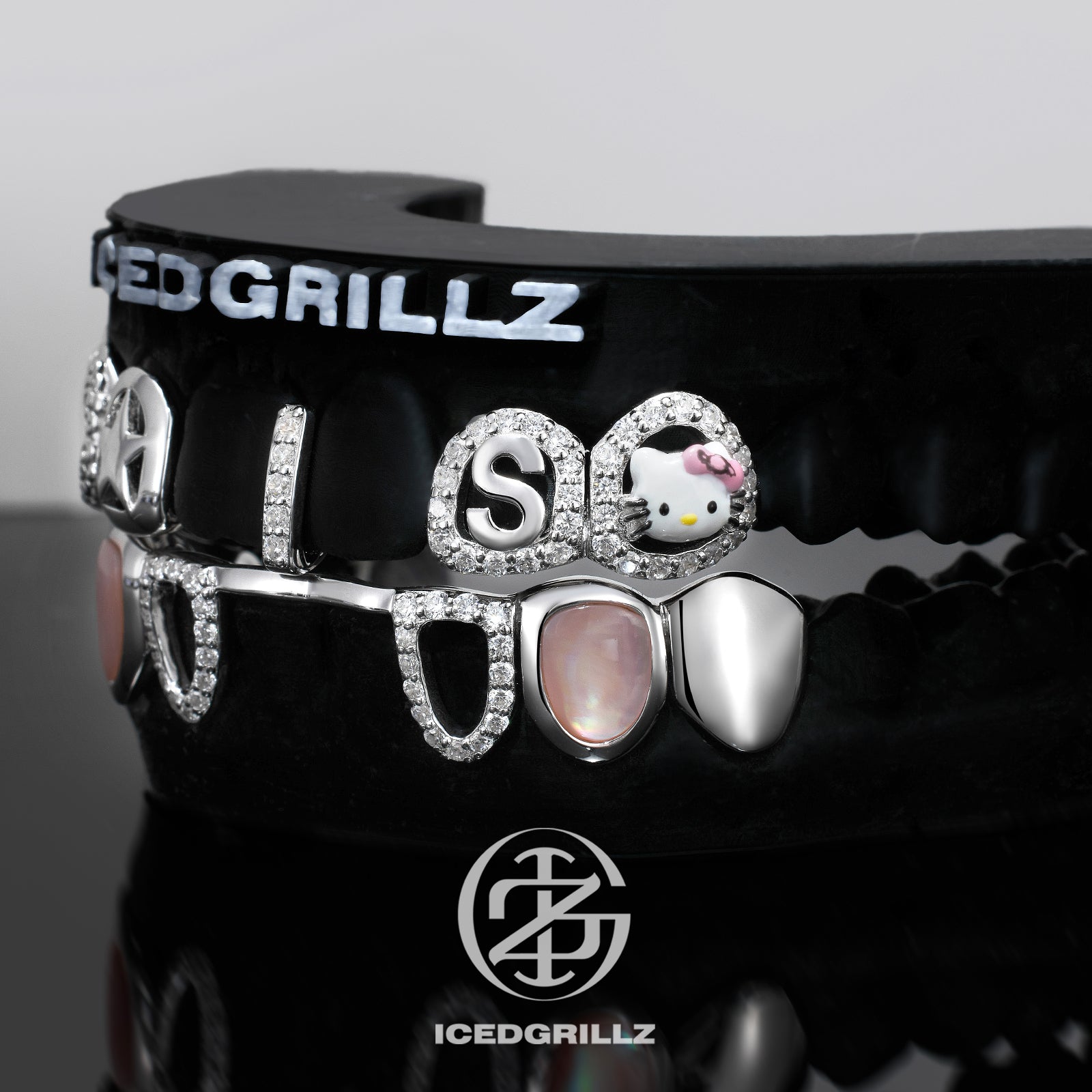 Enamel Kitty & Pink Shell Custom Initial Grillz